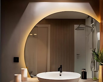 Espejo de baño LED de media luna: espejo de lavabo moderno con radio