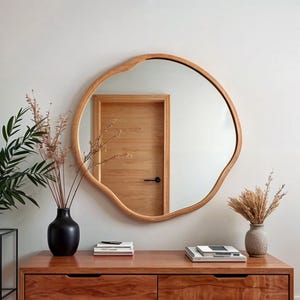 Irregular Wood Framed Modern Mirror - Asymmetrical Mid Century Mirror -  Round Wall Mirror - Real Wood Framed Circle Mirror -Bathroom Mirror