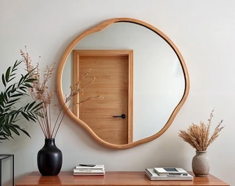 Irregular Oak Wood Framed Mirror: Asymmetrical Mid Century Modern