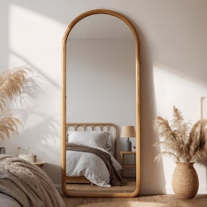Asymmetrical Walnut Wood Full Length Mirror: Mid Century Modern Arch