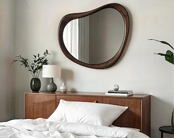 Asymmetrical Walnut Wood Mirror: Mid Century Modern Wall Decor