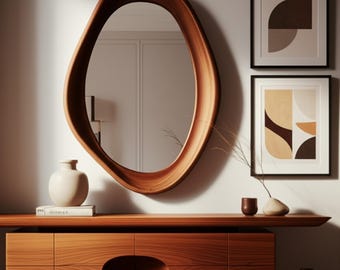 Asymmetrical Walnut Wood Wall Mirror - Mid Century Modern Entryway