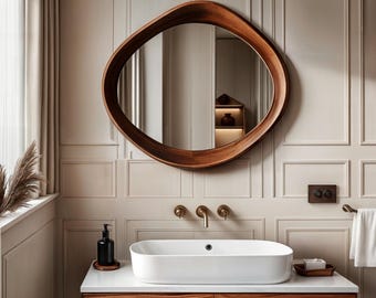 Handmade Walnut Wood Round Mirror: Modern Live Edge Design