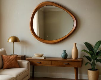 Walnut Wood Frame Mirror: Asymmetrical Mid Century Modern Wall Decor