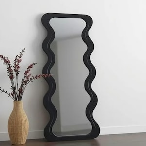 Black Framed Wavy Full Length Floor Mirror: Asymmetrical Squiggle Design