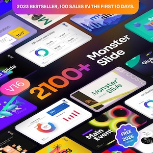 Puede incluir: Imagen promocional con múltiples pantallas digitales con visualizaciones de datos y el texto "Monster Slide". La imagen incluye el texto "2023 BESTSELLER, 100 ventas en los primeros 10 días" y "2100+". La paleta de colores incluye blanco, naranja, morado y verde.