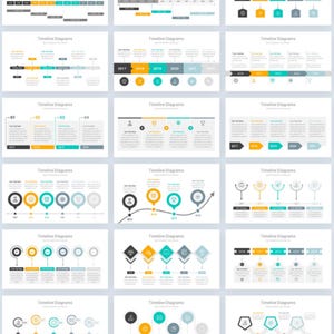 May include: A collection of presentation slides titled "Timeline Diagrams." The slides feature various timeline designs with arrows, shapes, and text. Colors include orange, teal, gray, and black. The top left corner reads "100 slides."