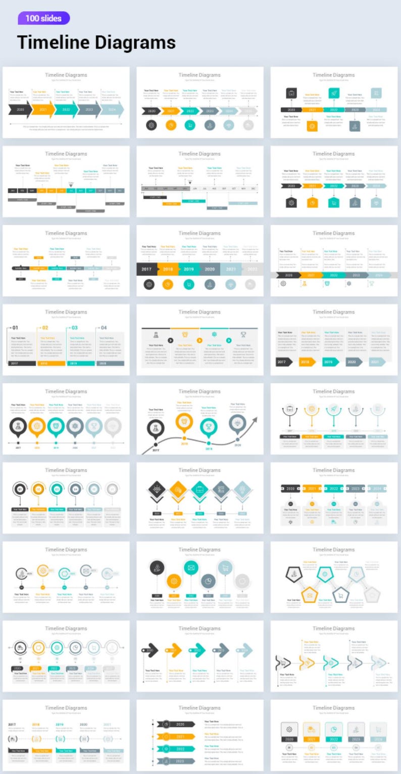 May include: A collection of presentation slides titled "Timeline Diagrams." The slides feature various timeline designs with arrows, shapes, and text. Colors include orange, teal, gray, and black. The top left corner reads "100 slides."