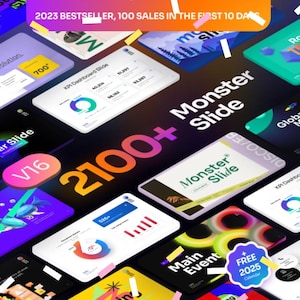 Peut inclure: Une image dynamique avec plusieurs diapositives de présentation numérique. Les diapositives présentent des visualisations de données, des graphiques et du texte, avec les mots "Monster Slide" et "2100+" en évidence. L'image comprend également le texte "2023 Bestseller, 100 Sales in the First 10 Days."