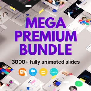 以下が含まれることがあります： 紫色の文字で「MEGA PREMIUM BUNDLE」と書かれたカラフルな画像。メインテキストの下には「3000+ フルアニメーションスライド」というテキストがあります。画像は、さまざまなデザインとレイアウトを持つカラフルなスライドを多数表示しています。PowerPoint、Keynote、Google スライド、Canva のロゴが左下の隅に表示されています。