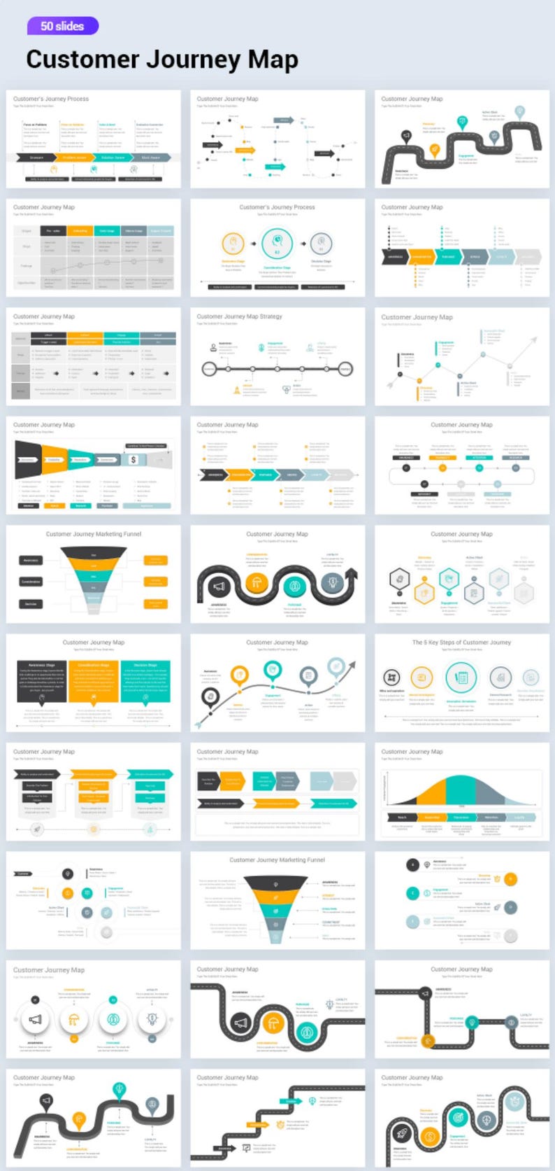 May include: A presentation titled "Customer Journey Map" with 50 slides. The slides feature diagrams and infographics illustrating customer journey processes, marketing funnels, and key steps, using a color palette of yellow, teal, and gray.