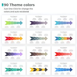 May include: A graphic showing 12 arrow diagrams in various color schemes. The text at the top reads "90 Theme colors" and "Just One Click for change the colors and auto recolored."