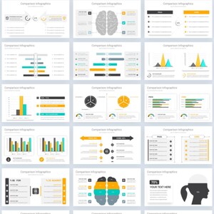 May include: A comparison chart with 58 slides, featuring various infographics. The slides use a color palette of black, white, yellow, and teal. The chart includes pie charts, bar graphs, and diagrams for data visualization. Text includes "Comparison Chart" and "Comparison Infographics".