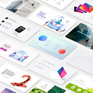 May include: A collection of presentation slides with various themes. The slides feature graphics, charts, and text, including "SWOT," "Our Missions," and "Boost Your Business." The image also includes the text "Tons of different themes."