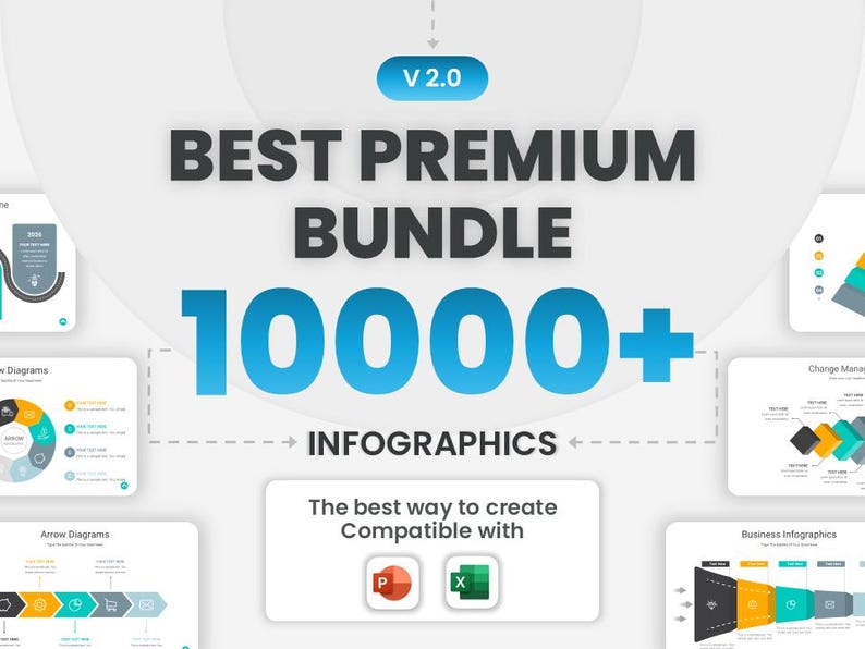 May include: A graphic with the text "BEST PREMIUM BUNDLE 10000+ INFOGRAPHICS". The image also includes the text "The best way to create Compatible with" and icons for PowerPoint and Excel. The background is white with blue and gray accents.