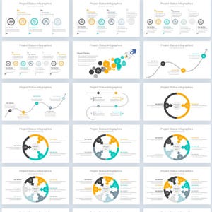May include: A collection of infographics titled "Project Status infographics" with various designs. The designs include gear icons, circular diagrams, and timelines, using colors like yellow, teal, and gray. The image has the text "100 slides" at the top.