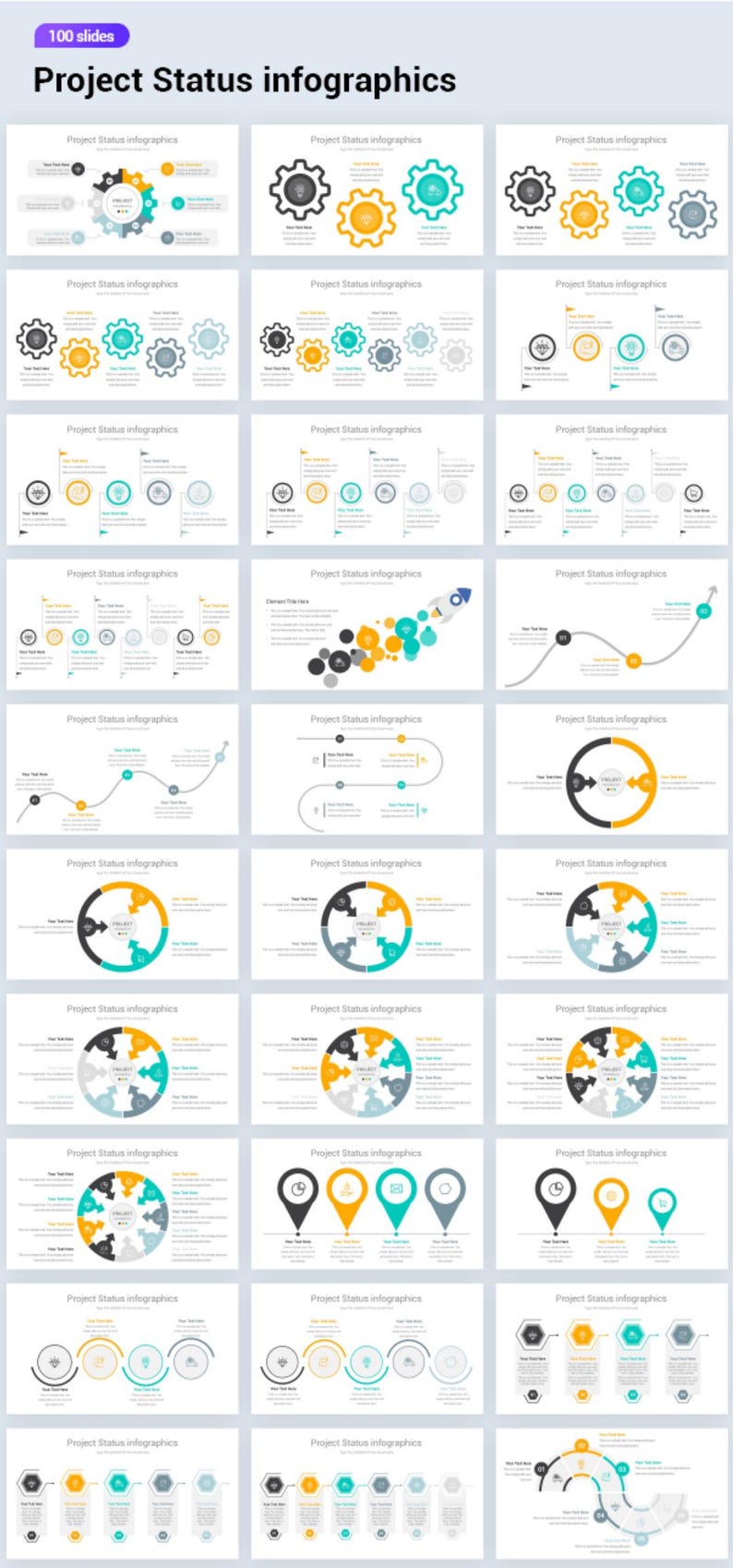 May include: A collection of infographics titled "Project Status infographics" with various designs. The designs include gear icons, circular diagrams, and timelines, using colors like yellow, teal, and gray. The image has the text "100 slides" at the top.