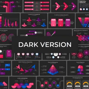 May include: A dark-themed infographic design with various charts, diagrams, and timelines. The design features a grid layout with blocks containing data visualizations in shades of pink, purple, and blue against a black background. The text "DARK VERSION" is prominently displayed.