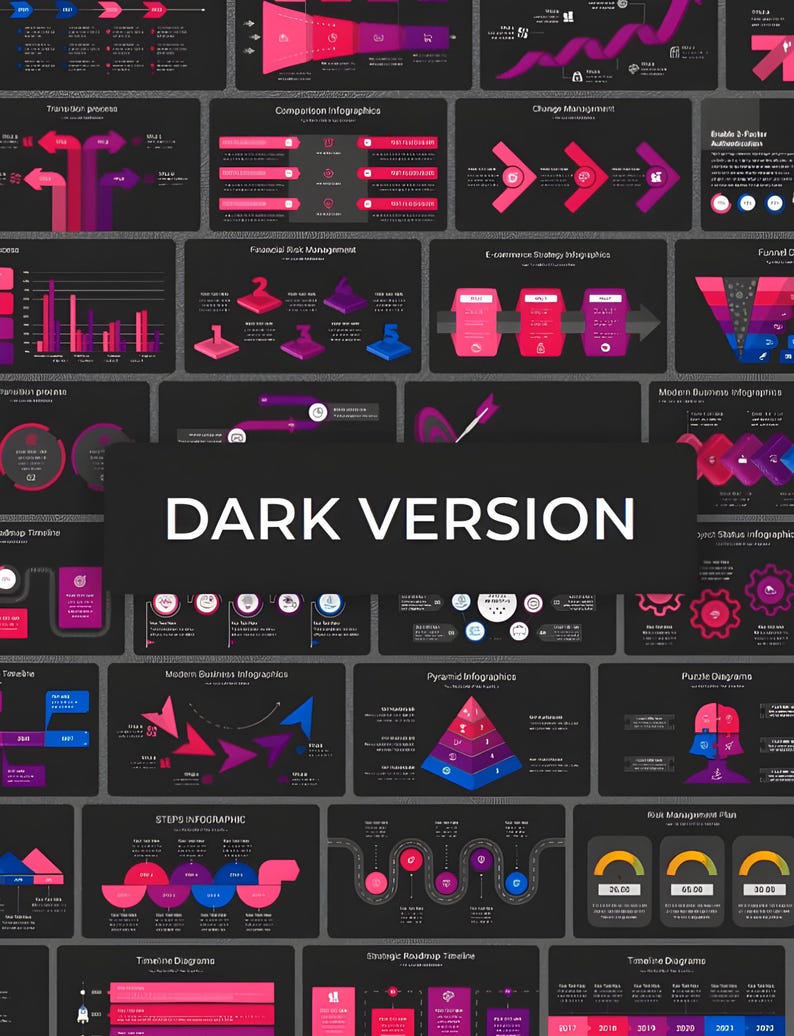 May include: A dark-themed infographic design with various charts, diagrams, and timelines. The design features a grid layout with blocks containing data visualizations in shades of pink, purple, and blue against a black background. The text "DARK VERSION" is prominently displayed.