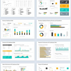 May include: A digital presentation titled "KPI Dashboard" with 40 slides. The slides display various data visualizations, including charts, graphs, and tables, showcasing key performance indicators for different business areas. The color scheme is primarily white, black, and teal.