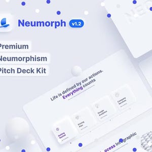 Puede incluir: Un kit de diseño neumórfico blanco y azul para crear presentaciones. El kit incluye una variedad de diapositivas con diferentes diseños e iconos. El texto "Life is defined by our actions. Everything counts" aparece en la diapositiva.