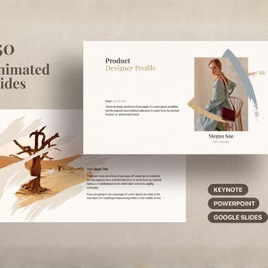 May include: A presentation template with 150 animated slides. The slides feature a desert landscape illustration and a product designer profile with a woman in a green dress. Includes Keynote, PowerPoint, and Google Slides options.