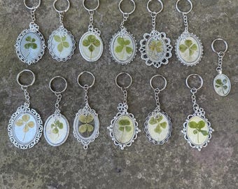 Real Four Leaf Clover Keychain: Silver Lucky Charm