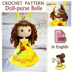 PDF Häkelanleitung Puppen-Geldbeutel Prinzessin Belle «Die Schöne und das Biest», PDF in Englisch, Crossbody Bag, Amigurumi doll handmade