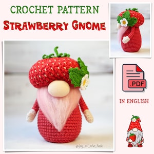 PDF Crochet pattern Strawberry Gnome, PDF in English, Amigurumi gnome, Ornaments crochet pattern, Creative toys