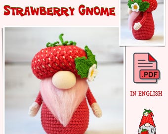 PDF-haakpatroon Strawberry Gnome, pdf in het Engels, amigurumi-kabouter, haakpatroon ornamenten, creatief speelgoed