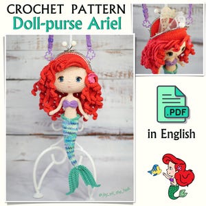 PDF Häkelanleitung Puppen-Geldbeutel Prinzessin Ariel «Die kleine Meerjungfrau», PDF in englischer Sprache, Crossbody Bag, Amigurumi doll handmade