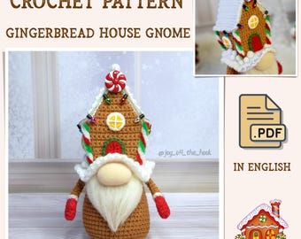 May include: Crochet pattern for a gingerbread house gnome. The gnome is brown with a white beard and wears a red and white hat with a gingerbread house on top. The house is decorated with candy canes, lights, and a candy on top. The pattern is in English and available as a PDF download.
