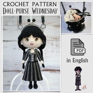 PDF Häkelanleitung Doll-Purse Sweatery Addams, PDF in Englisch, Crossbody Bag, Amigurumi doll handmade