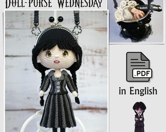 PDF Crochet pattern Doll-Purse Wednesday Addams, PDF in English, Crossbody Bag, Amigurumi doll handmade