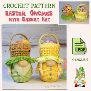 May include: Crochet pattern for Easter gnomes with basket hats. The pattern is in English and includes a PDF download. The gnomes are crocheted in green and yellow with a basket hat filled with colorful eggs.