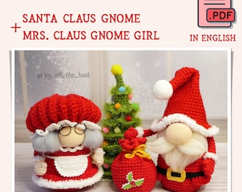 May include: Crochet patterns for a Santa Claus gnome and a Mrs. Claus gnome girl. The patterns are in PDF format and are written in English.
