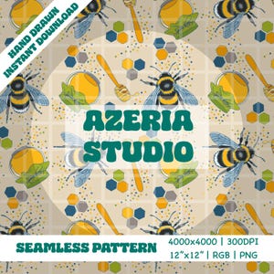 Può includere: Uno schema senza cuciture con un bombo giallo e nero, barattoli di miele, mestoli per il miele e disegni a nido d'ape su uno sfondo beige. Il testo "AZERIA STUDIO" è al centro dello schema.