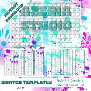 May include: A set of printable swatch templates for organising paint colours. The templates are labelled with different colour categories, including pastel, metallic, jewel, glitter, and confetti. The templates are designed to be printed and used with a variety of paint types.