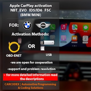 Könnte beinhalten: Werbebild für die Apple CarPlay-Aktivierung in BMW- und MINI-Fahrzeugen. Der Infotainment-Bildschirm zeigt App-Symbole. Der Text enthält "Video in motion (VIM)" und "Lifetime FSC". Aktivierungsmethoden sind OBD-ENET oder USB.