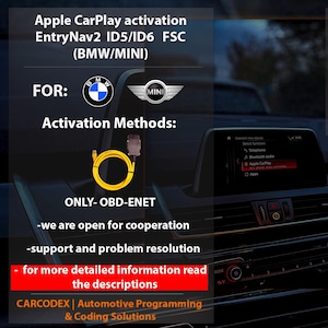 May include: Image promoting Apple CarPlay activation for BMW/MINI vehicles. The image includes text detailing activation methods and what the package includes, such as Apple CarPlay activation, Android Screen Mirroring, Lifetime FSC, and Video in Motion (VIM).
