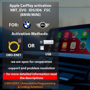 Op de afbeelding: Afbeelding ter promotie van Apple CarPlay-activering voor BMW/MINI-voertuigen. De afbeelding bevat de tekst "Apple CarPlay activation", "NBT_EVO ID5/ID6 FSC" en "YOUR PACKAGE WILL INCLUDE". Activeringsmethoden worden getoond met een OBD-ENET-kabel of USB.