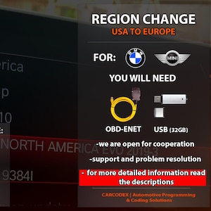 May include: Image showing a region change service for BMW and MINI vehicles, converting USA to Europe. Includes OBD-ENET cable, USB drive, and details on European navigation maps, radio frequencies, and languages.