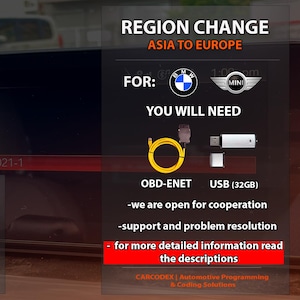 May include: Image showing a screen with Japanese text and a highlighted line reading "Road Map JAPAN EVO 2021-1." Text on the right indicates a region change from Asia to Europe for BMW and MINI vehicles. Includes OBD-ENET and USB (32GB).