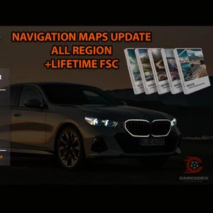 Puede incluir: Imagen que promociona actualizaciones de mapas de navegación para vehículos BMW y Mini. La imagen incluye un coche, los logotipos de BMW y Mini, y el texto "NAVIGATION MAPS UPDATE ALL REGION +LIFETIME FSC". También muestra los elementos necesarios para la activación: un cable OBD-ENET y una unidad USB de 32 GB.