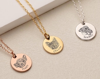 Personalized Pet Portrait Necklace, Engraved Pet Photo Necklace, Dog Cat Necklace, Pet Memorial Jewelry, Dog Mom Necklace, Gift for Her