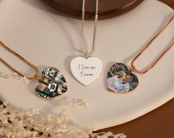 Personligt fotohalsband, graverat fotohalsband, hjärtformat fotohänge, minnesfotohalsband för mamma, present till par, present till fru