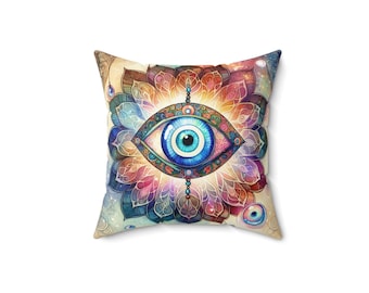 ボヘミアン アイ マンダラ ピロー、心地よい装飾クッション、スピリチュアルな室内装飾、ヨギへのギフト、瞑想室のアクセント