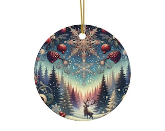 May include: A round ceramic bauble featuring a winter woodland scene. The bauble depicts a deer standing in a snowy forest with a snowflake design in the background. The bauble is decorated with red berries and a gold ribbon.