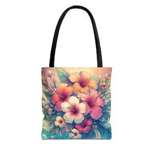 Einkaufstasche mit lebhaftem tropischem Blumenmuster, Strandtasche, Sommeraccessoire, Geschenk für sie, umweltfreundliche Einkaufstasche, Hibiskus