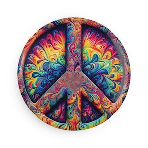 Puede incluir: Un símbolo de paz colorido con un patrón psicodélico en espiral en tonos de azul, rojo, amarillo y verde.